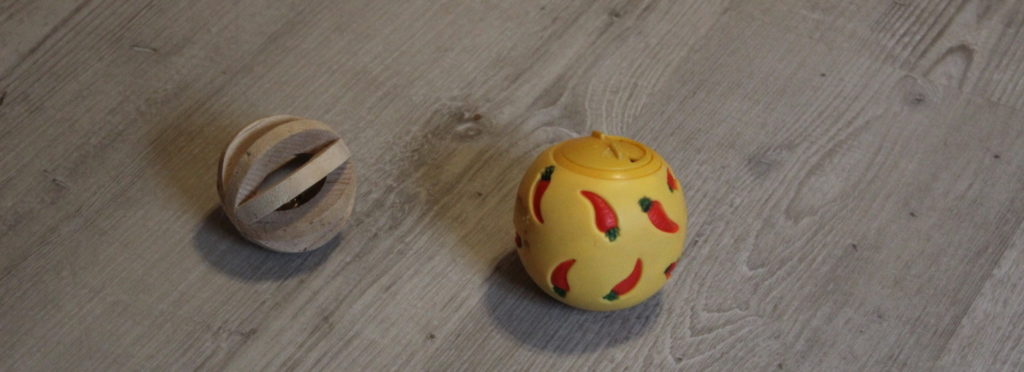 Das Foto zeigt zwei Bälle für Kaninchen