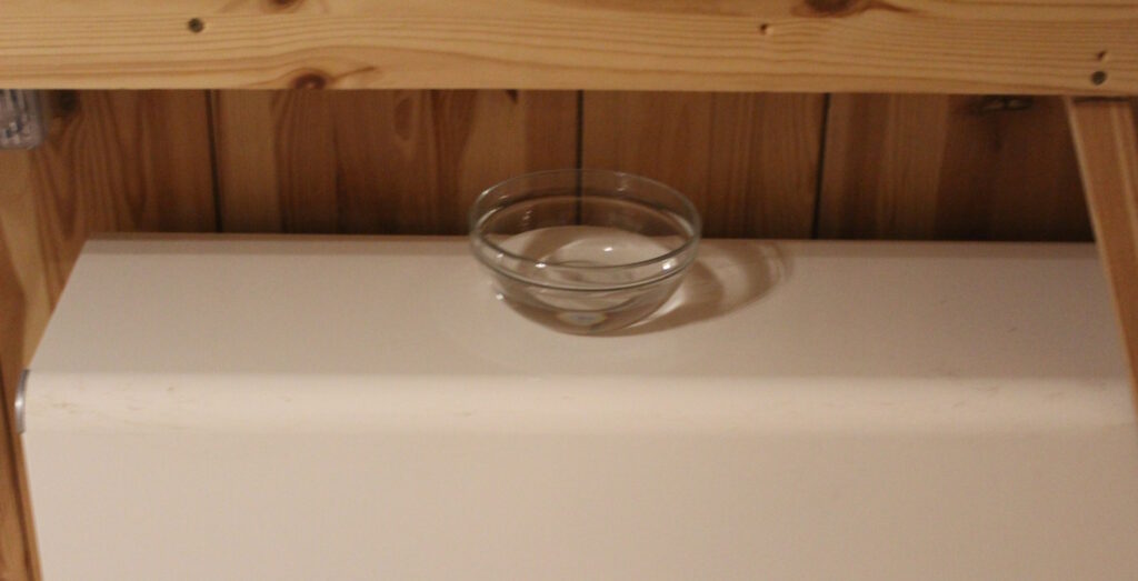 Das Foto zeigt eine Schale mit Wasser, um die Luftfeuchtigkeit für die Kaninchen zu regulieren