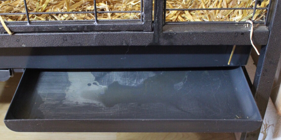 Das Foto zeigt eine herausnehmbare Kotwanne im Kaninchenstall